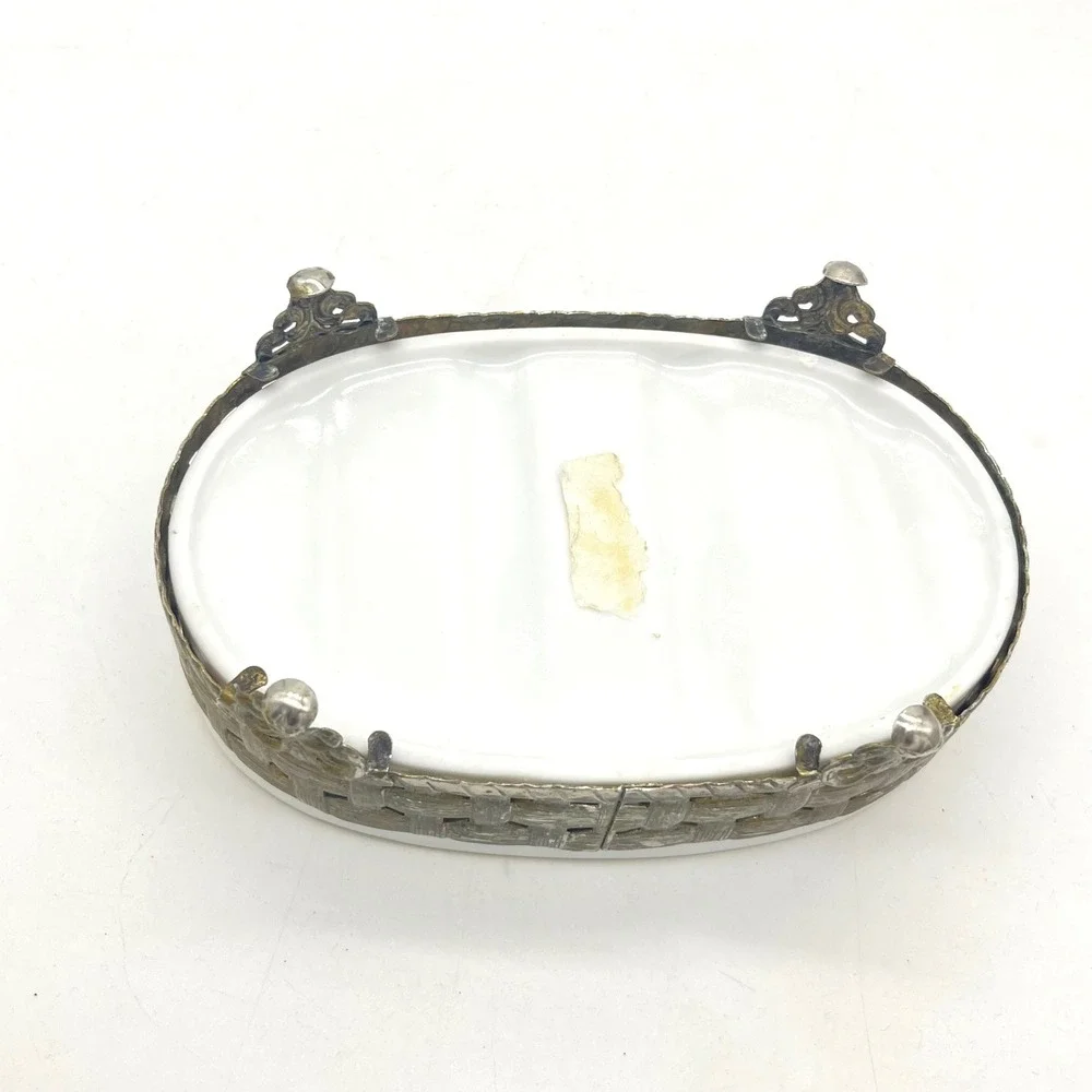 Vintage Oval Ceramic Soap Dish with Ornate Silver Metal Footed Basket